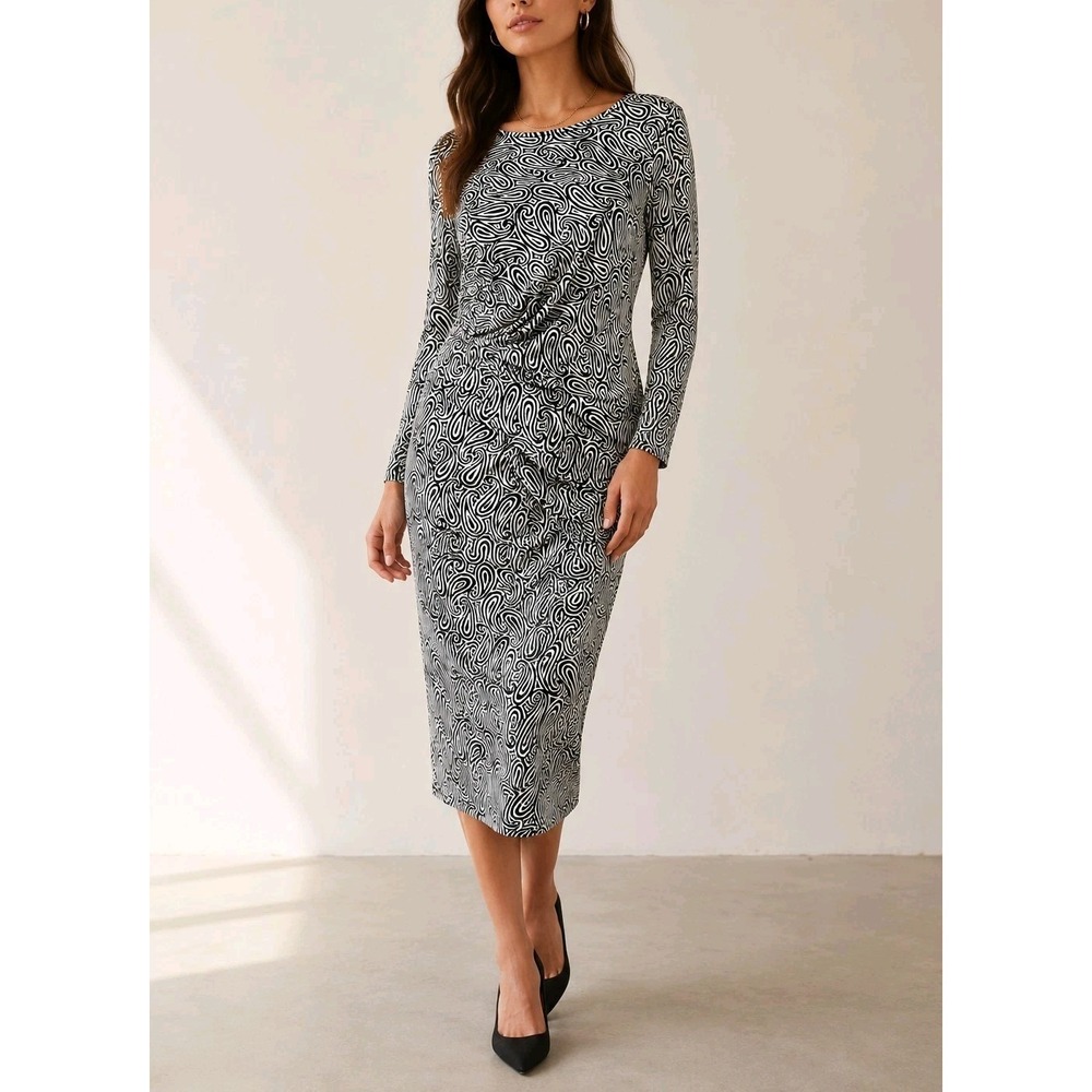 Michael Kors Faux Wrap Paisley Midi Dress Black White Long Sleeve Sz L NWT